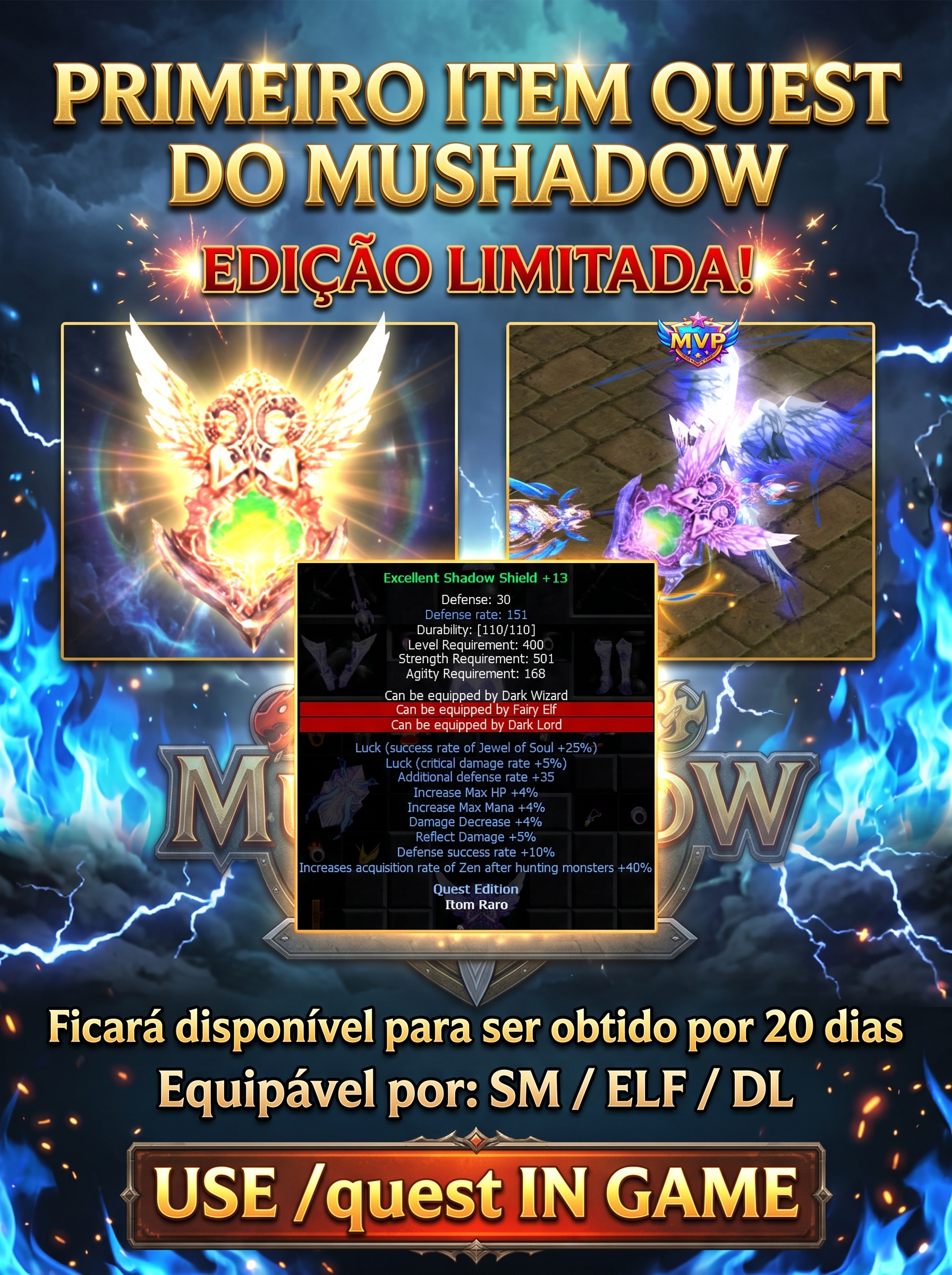 Divulgação do Shadow Shield Quest Edition do MuShadow, item dourado com asas e núcleo verde, equipável por SM, ELF e DL.